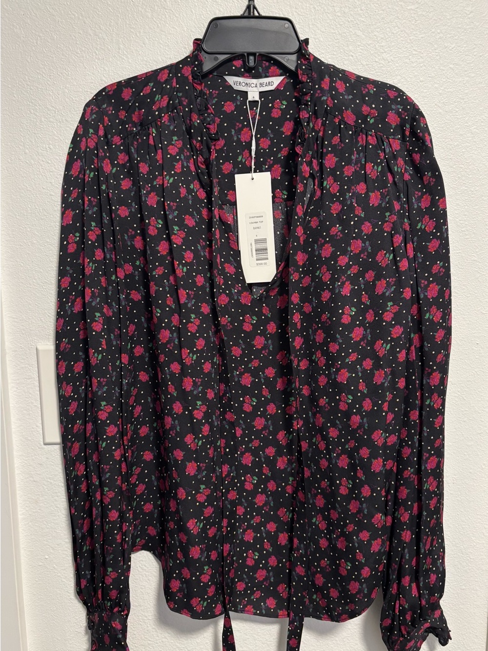 Veronica Beard Black Blouse with Pink Rose Print and Tie Neck